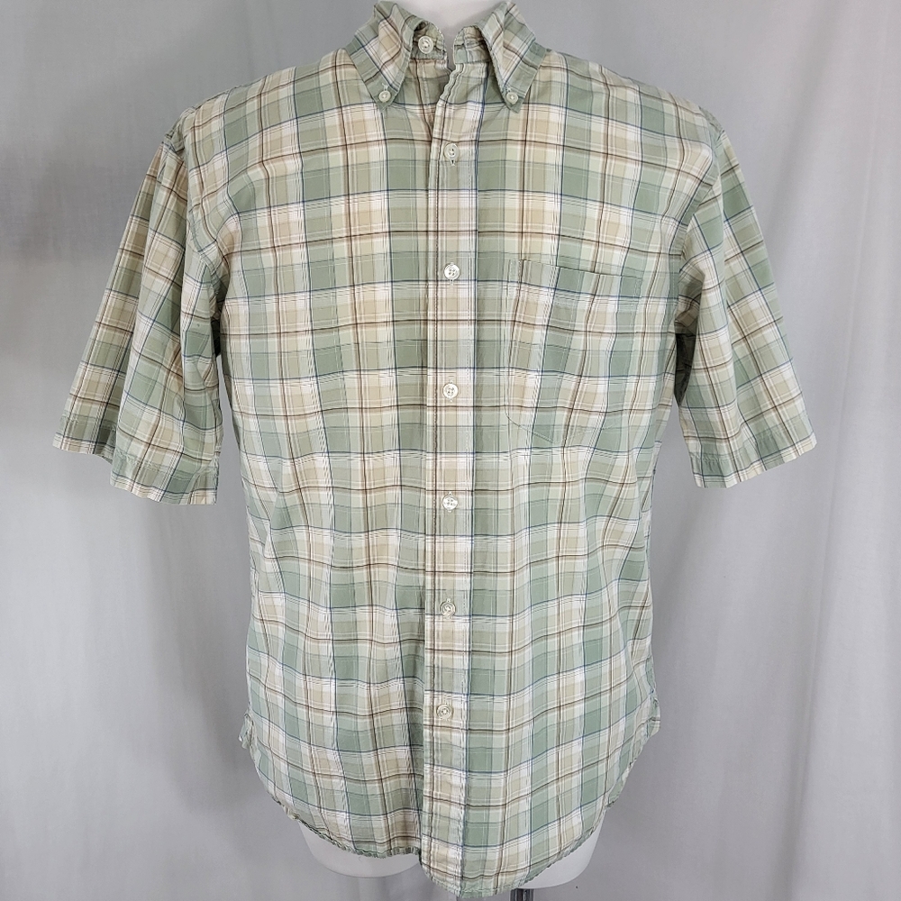 Arrow Green Tan Plaid SHIRT Mens Size M Short Sleeve Button Down Pocket Cotton